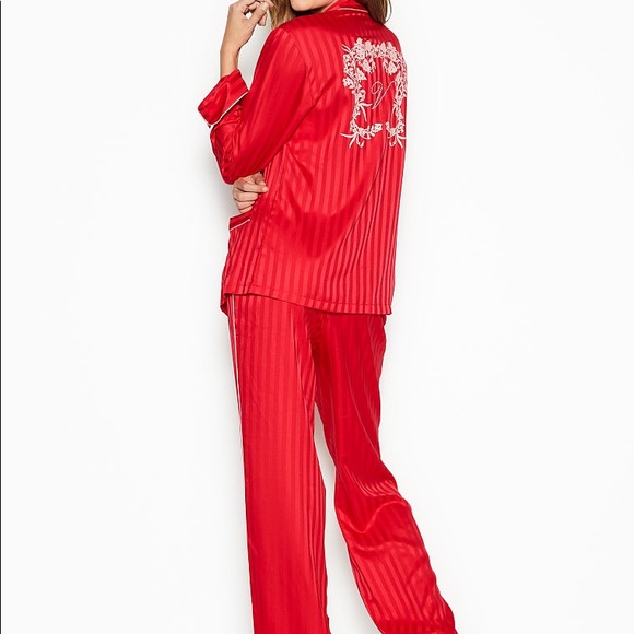 M VS VICTORIA'S SECRET Satin & Rhinestone /Crystal Button Red 2 pc PJ Set Short